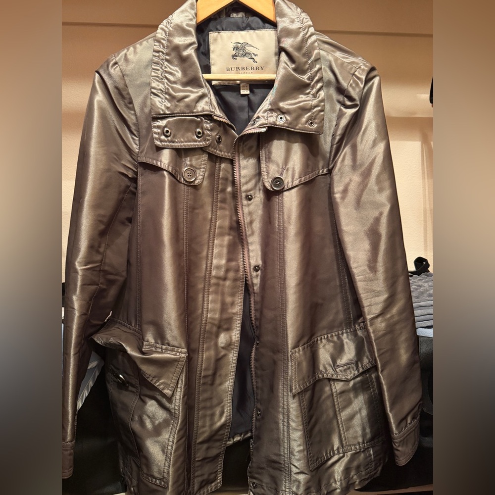 Vintage Burberry Metallic Trench Jacket in Gunmetal. Good condition. Size 10